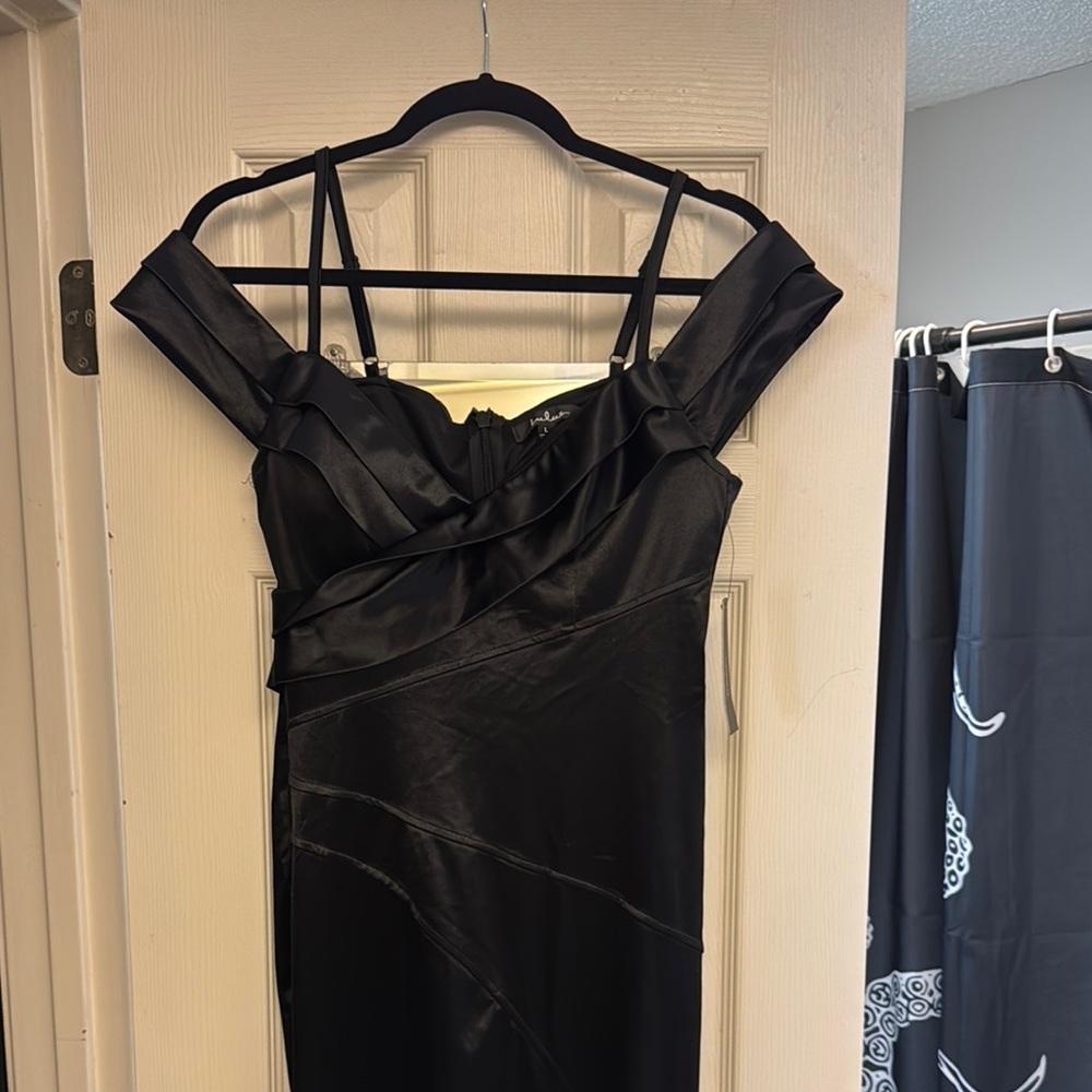 Lulus Elegant Black Off-Shoulder Dress high slit satin